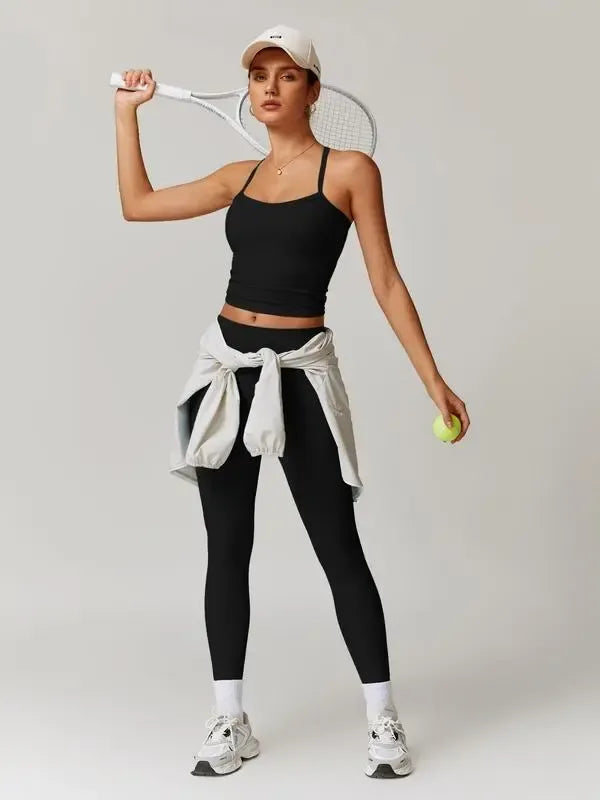 Women's Solid Cut Out Backless Cami Top & High Waist Leggings Tracksuit Set