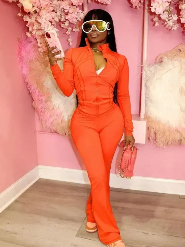 Women's Casual Sporty Two-Piece Set, Long Sleeve Zipper Design, Regular Fit, Fall & Winter, Fashionable Women's Clothing