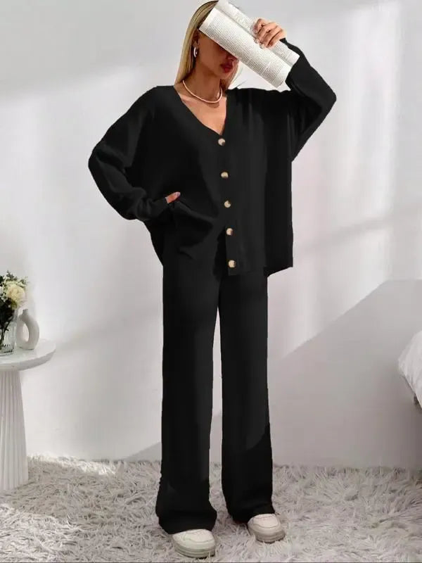Women's V Neck Cardigan & Elastic Waist Wide Leg Pants Two-piece Set