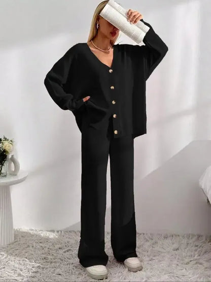 Women's V Neck Cardigan & Elastic Waist Wide Leg Pants Two-piece Set