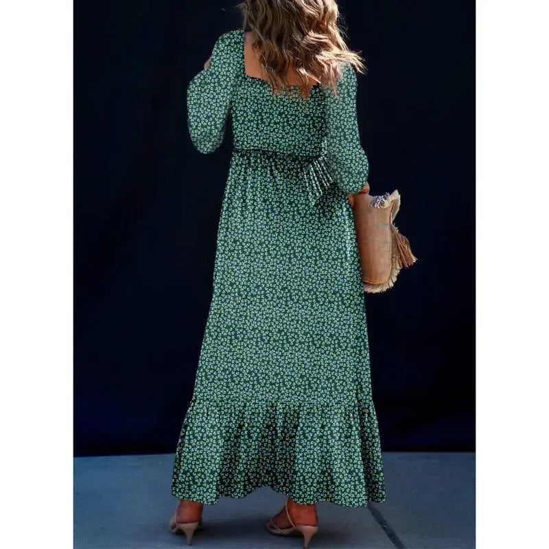 Boho Floral Smocked Square Neck Long Sleeve Maxi Dress
