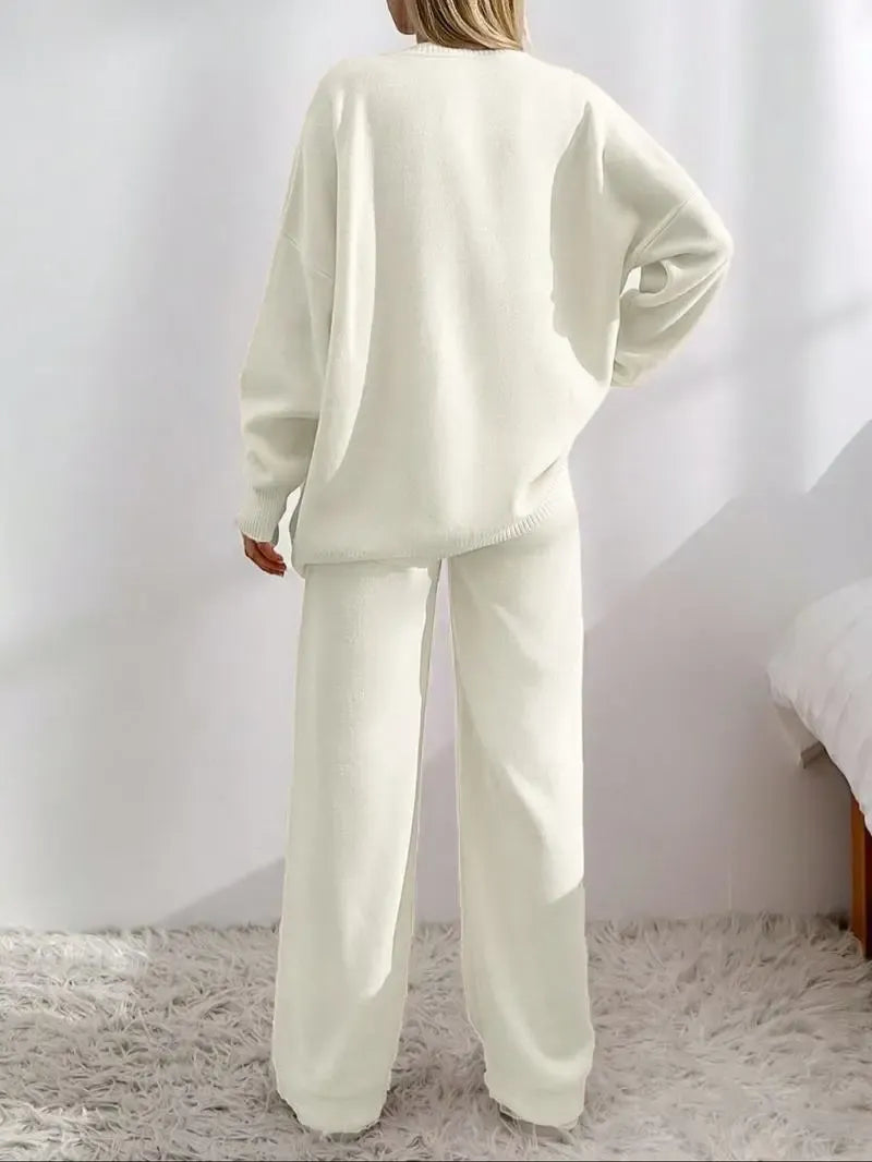 Women's V Neck Cardigan & Elastic Waist Wide Leg Pants Two-piece Set