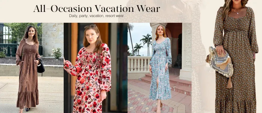 Boho Floral Smocked Square Neck Long Sleeve Maxi Dress