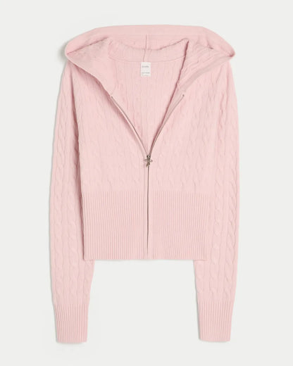 Cable-Knit Zip-Up Hoodie Sweater