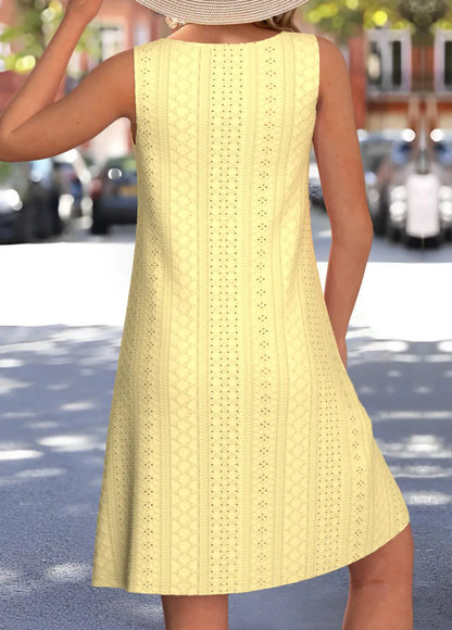 White Jacquard A Line Sleeveless Round Neck Dress