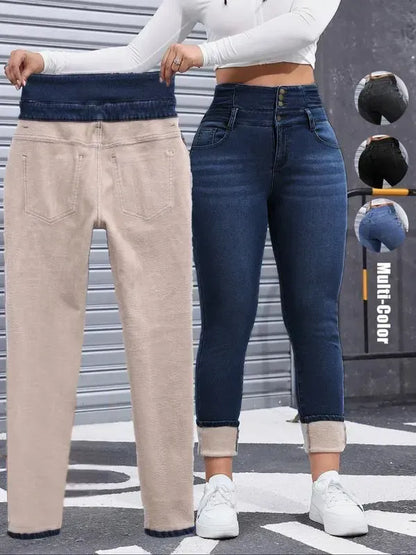 Women's High Elasticity Fleece Lined Thick Denim Jeans