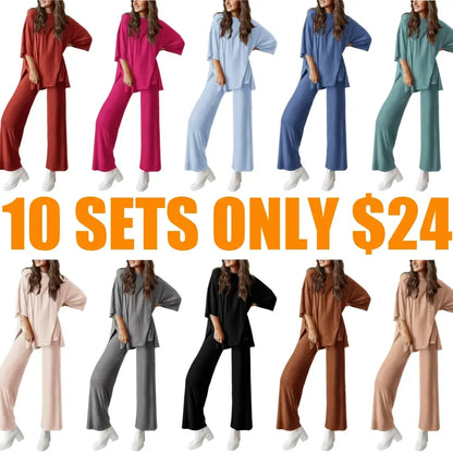 Women's Short Sleeve Pullover Tops Wide Leg Pants Lounge Sets