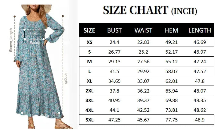 Boho Floral Smocked Square Neck Long Sleeve Maxi Dress