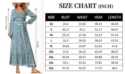 Boho Floral Smocked Square Neck Long Sleeve Maxi Dress