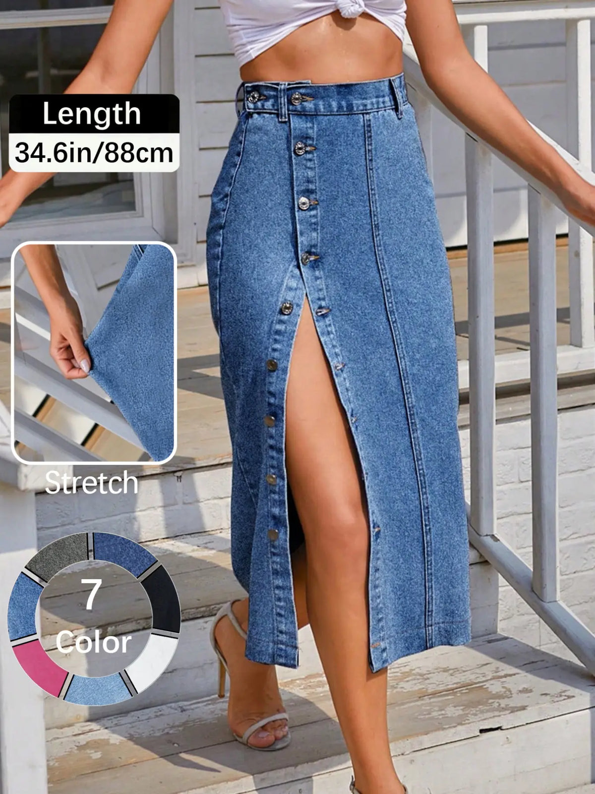 Jeans Women's Button Front Light Wash Denim Split Hem Skirt, Casual Fashion Fitted Skirt for Daily Wear, Ladies Bottoms for All Seasons, Button Fly Skirt, T-Chic