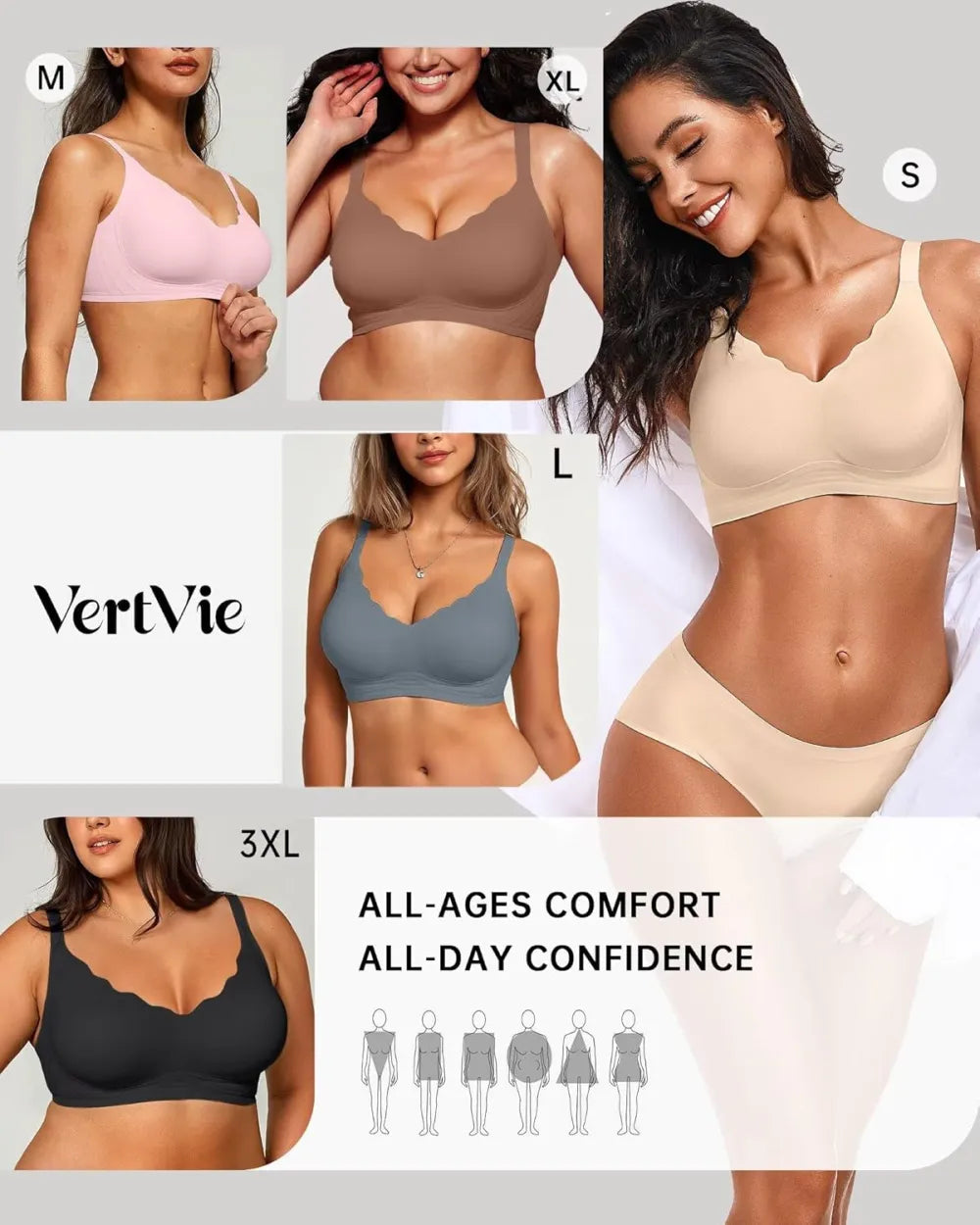 Womens Seamless Bras No Underwire Supportive Wireless Push Up Full Coverage Bralette Comfort Scalloped T-Shirt Bra