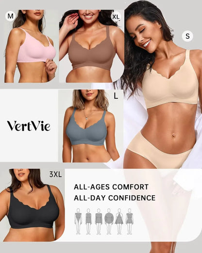 Womens Seamless Bras No Underwire Supportive Wireless Push Up Full Coverage Bralette Comfort Scalloped T-Shirt Bra