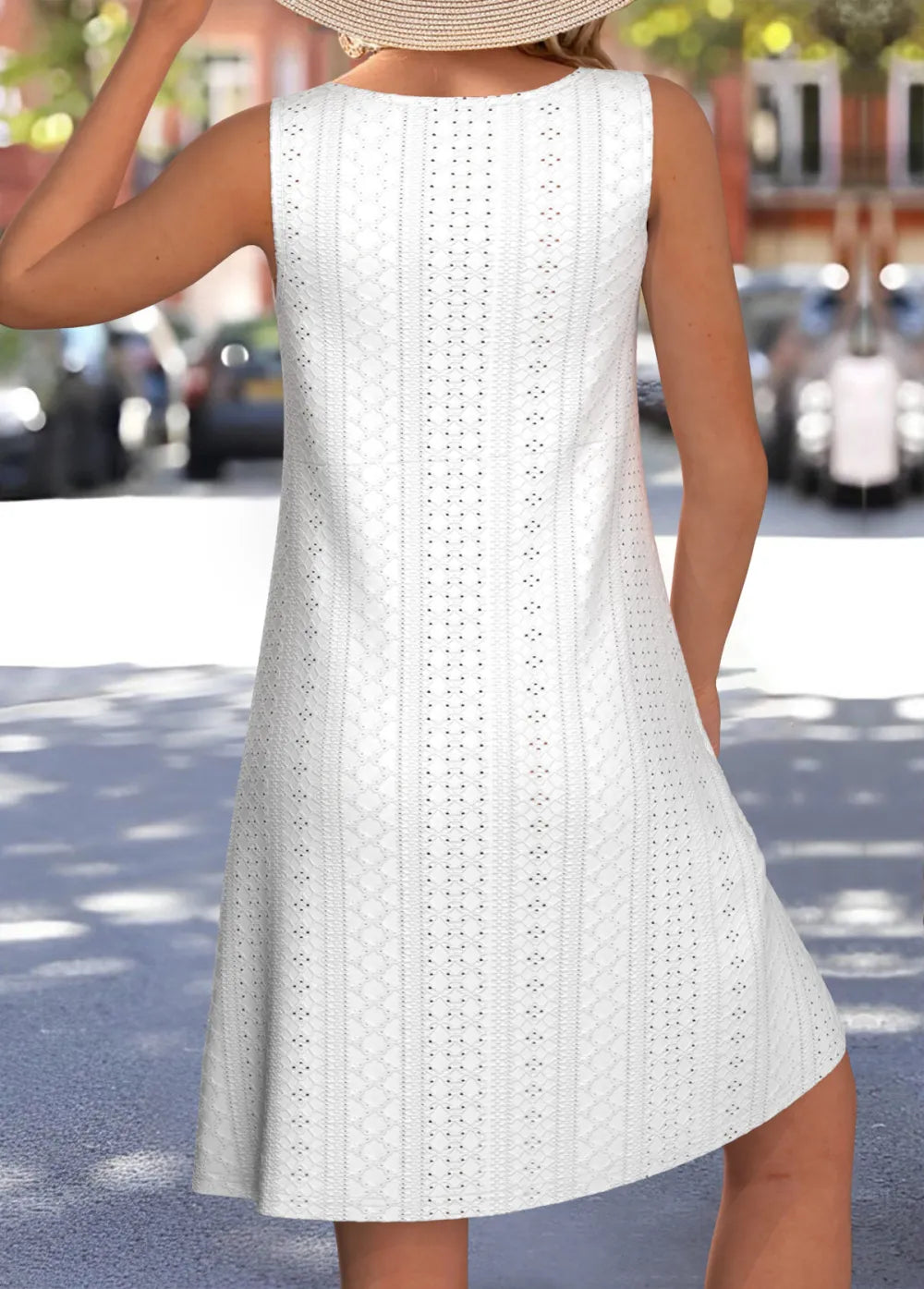 White Jacquard A Line Sleeveless Round Neck Dress