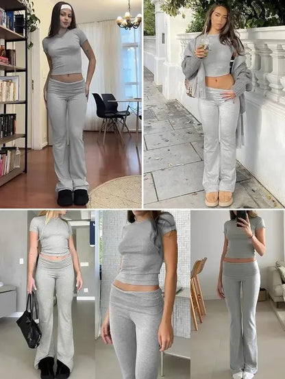 Women's Two-Piece Casual Set: Fitted Short-Sleeve Top with Bell-Bottom Pants
