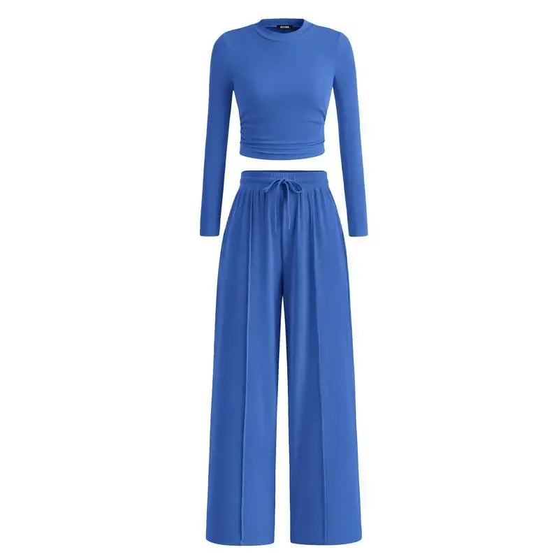 Ribbed Knit Long Sleeve Crop Top Wide Leg Pants