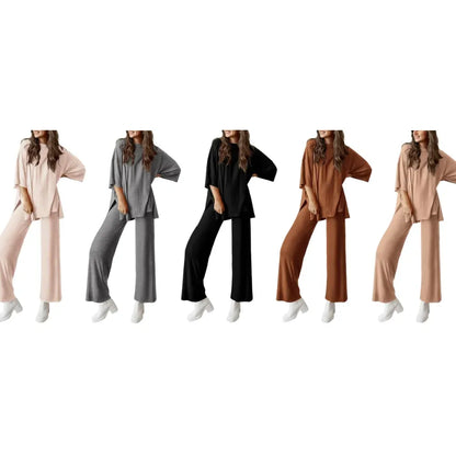 Women's Short Sleeve Pullover Tops Wide Leg Pants Lounge Sets