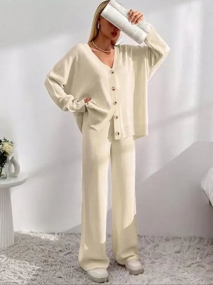 Women's V Neck Cardigan & Elastic Waist Wide Leg Pants Two-piece Set