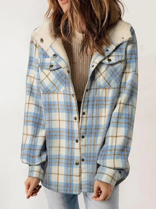 Women's Plaid / Houndstooth Print Button Front Hooded Coat