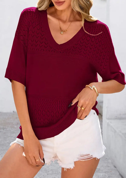 Women's ShortSleeve Sweater Tops SpringSummer Casual V Neck Ribbed KnitTrendy Eyelet Blouse T Shirts