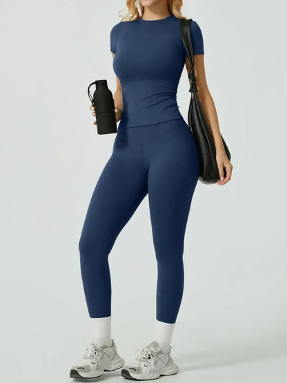 Women's Solid Ribbed Long Sleeve Tee & Leggings Sport Set