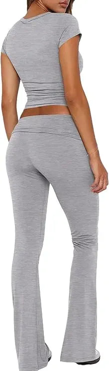 Women's Two-Piece Casual Set: Fitted Short-Sleeve Top with Bell-Bottom Pants