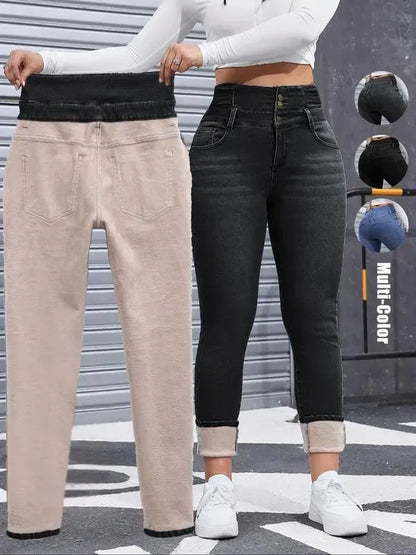 Women's High Elasticity Fleece Lined Thick Denim Jeans