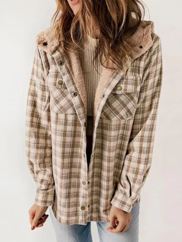 Women's Plaid / Houndstooth Print Button Front Hooded Coat