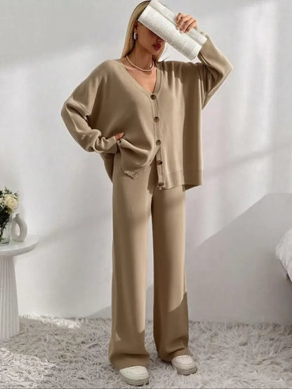 Women's V Neck Cardigan & Elastic Waist Wide Leg Pants Two-piece Set