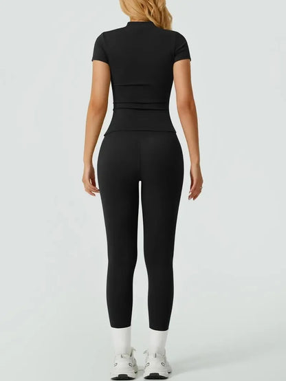 Women's Solid Ribbed Long Sleeve Tee & Leggings Sport Set
