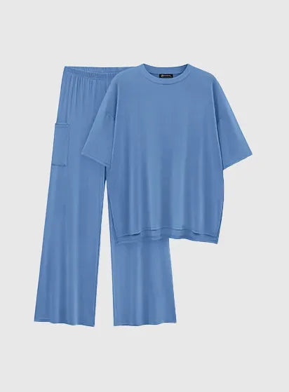 Women's Short Sleeve Pullover Tops Wide Leg Pants Lounge Sets