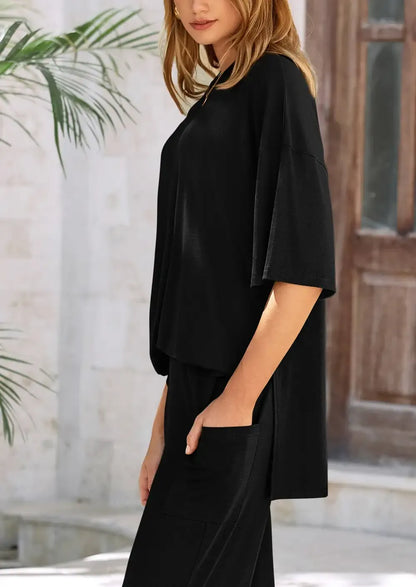 Women's Short Sleeve Pullover Tops Wide Leg Pants Lounge Sets