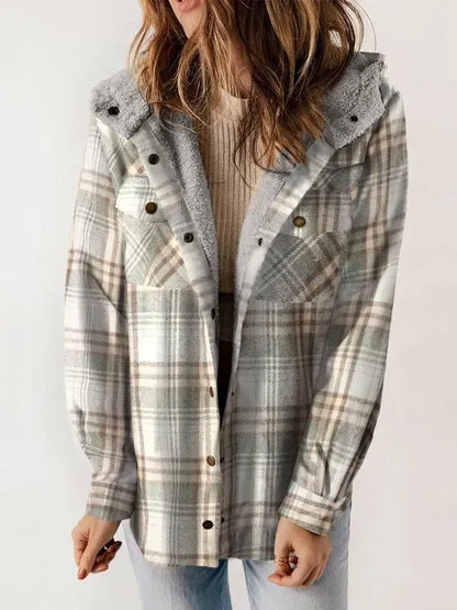 Women's Plaid / Houndstooth Print Button Front Hooded Coat