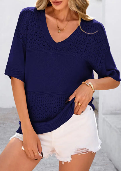Women's ShortSleeve Sweater Tops SpringSummer Casual V Neck Ribbed KnitTrendy Eyelet Blouse T Shirts