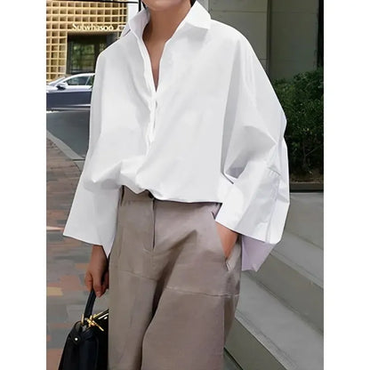 Womens Cotton Button Down Shirt Casual 3/4 Sleeve Loose Fit