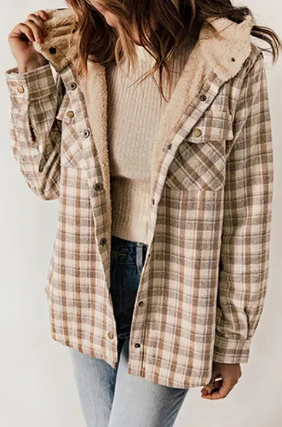 Women's Plaid / Houndstooth Print Button Front Hooded Coat
