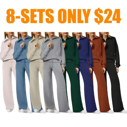 Women's Casual Set 2025 Collection Half-Zip Sweatshirt and Wide-Leg Pants