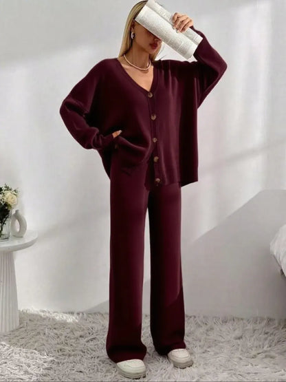 Women's V Neck Cardigan & Elastic Waist Wide Leg Pants Two-piece Set