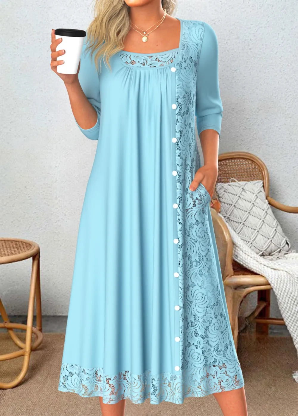 Light Blue Patchwork A Line 3/4 Sleeve Dress