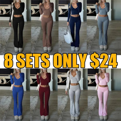 Elegant Casual V-Neck Long Sleeve Basic Two-Piece Outfit Set