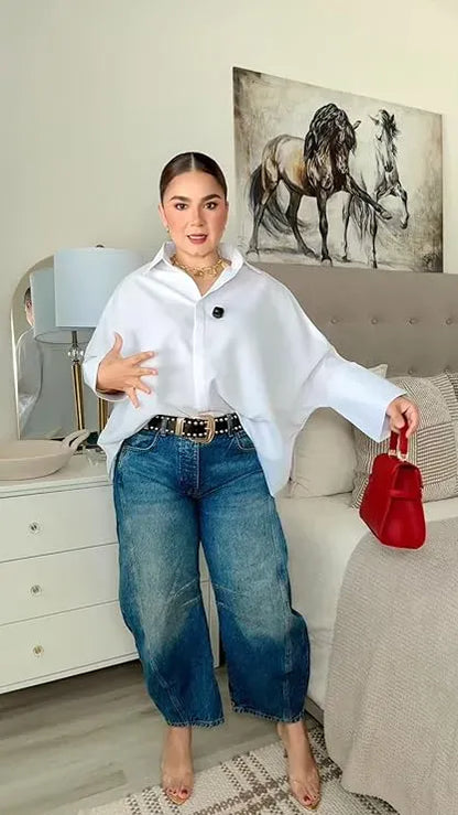 Womens Cotton Button Down Shirt Casual 3/4 Sleeve Loose Fit