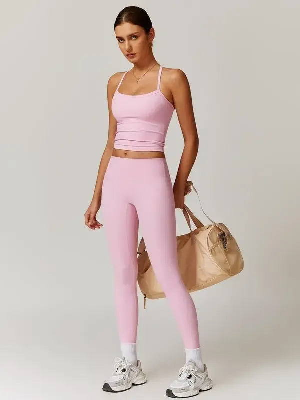 Women's Solid Cut Out Backless Cami Top & High Waist Leggings Tracksuit Set