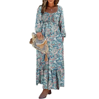 Boho Floral Smocked Square Neck Long Sleeve Maxi Dress