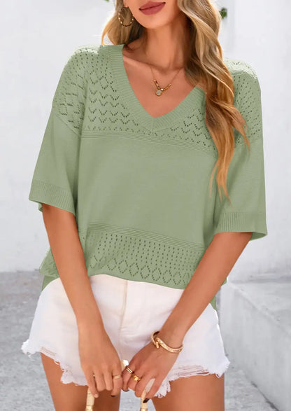 Women's ShortSleeve Sweater Tops SpringSummer Casual V Neck Ribbed KnitTrendy Eyelet Blouse T Shirts