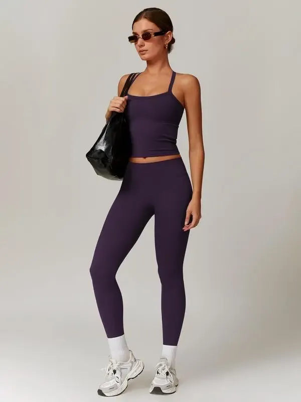 Women's Solid Cut Out Backless Cami Top & High Waist Leggings Tracksuit Set