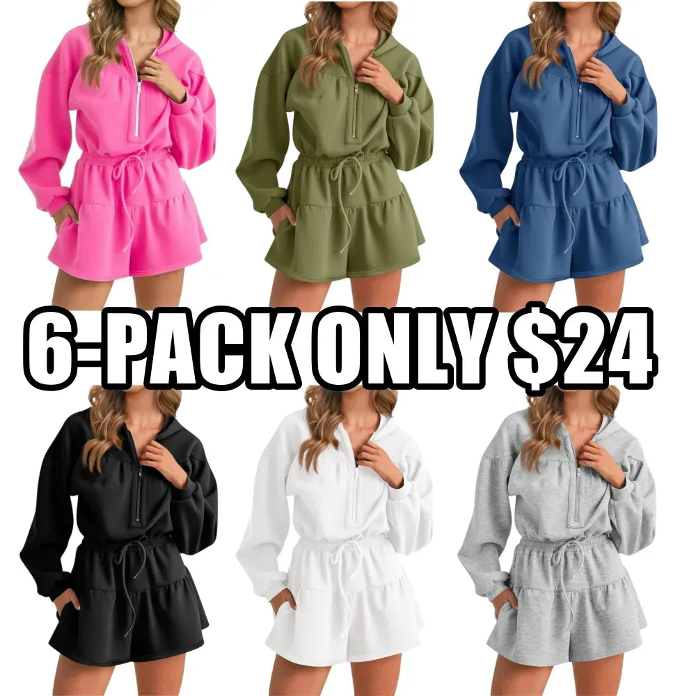 Women's Half-Zip Hooded Long-Sleeve Casual Romper