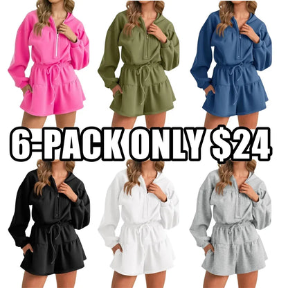 Women's Half-Zip Hooded Long-Sleeve Casual Romper