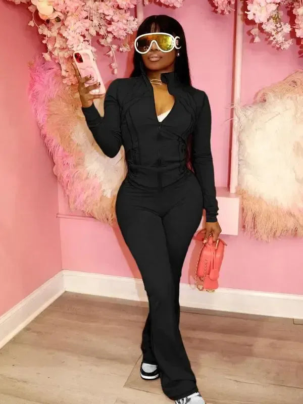 Women's Casual Sporty Two-Piece Set, Long Sleeve Zipper Design, Regular Fit, Fall & Winter, Fashionable Women's Clothing