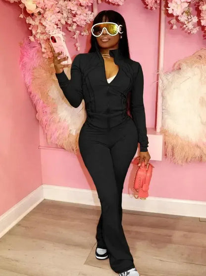 Women's Casual Sporty Two-Piece Set, Long Sleeve Zipper Design, Regular Fit, Fall & Winter, Fashionable Women's Clothing