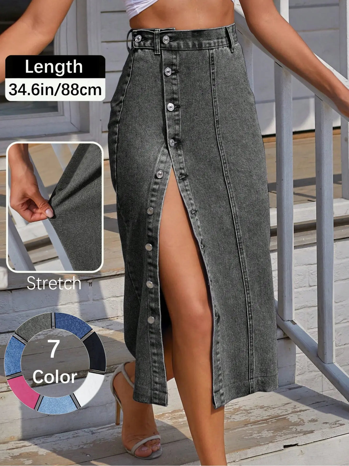 Jeans Women's Button Front Light Wash Denim Split Hem Skirt, Casual Fashion Fitted Skirt for Daily Wear, Ladies Bottoms for All Seasons, Button Fly Skirt, T-Chic