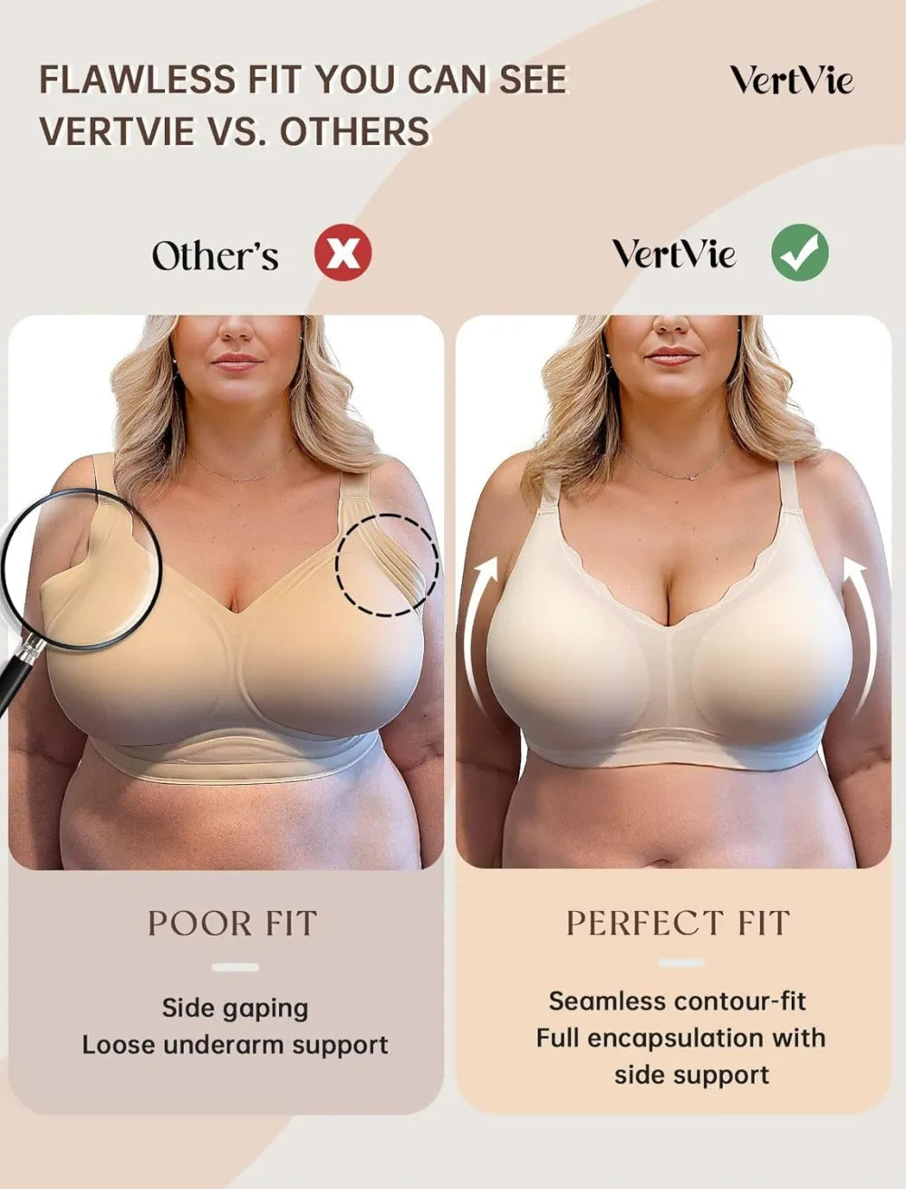 Womens Seamless Bras No Underwire Supportive Wireless Push Up Full Coverage Bralette Comfort Scalloped T-Shirt Bra